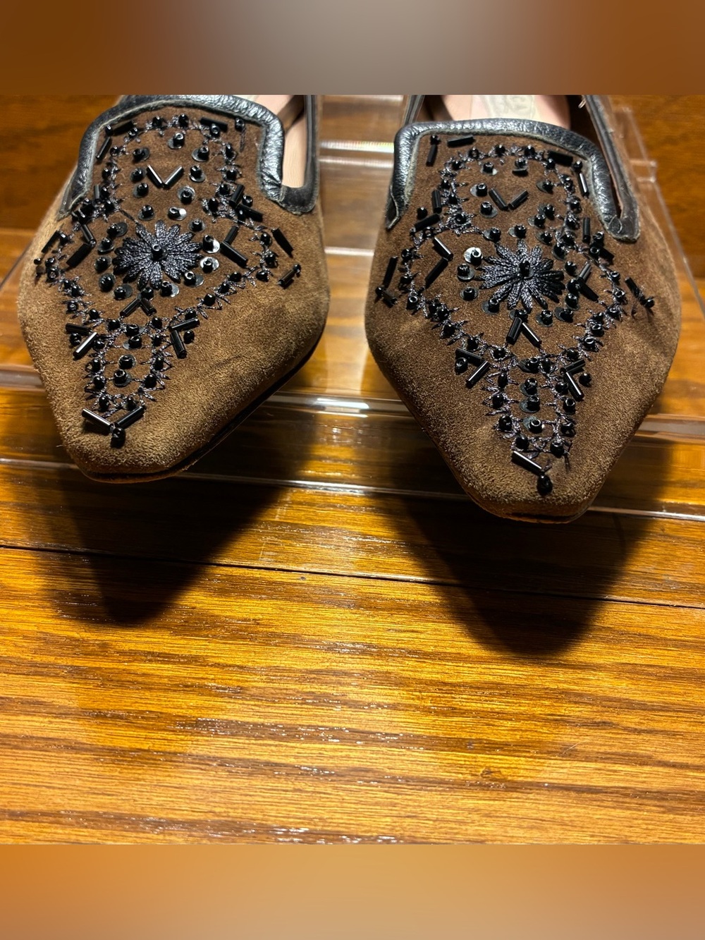 Y2K VTG Oscar de la Renta Oscar Beaded Suede Smoking Loafers Brown Black Size 9 - Picture 11 of 11